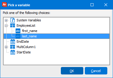 The Pick a Variable dialog box where the last name is selected to be used as the condition.